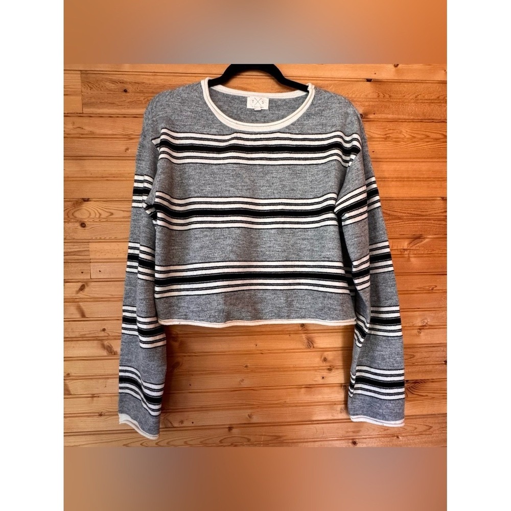 T X S by Thread & Supply Sweater Roll Top Crop Pullover Small Grey B/W Stripes